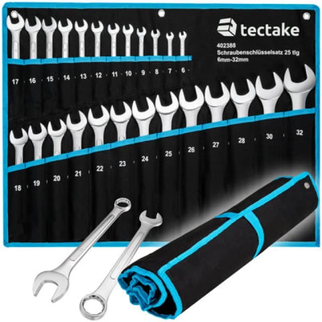 Tectake Spanner Set - 25 Piece Extensive Selection, 6 - 32 mm, Roll Bag With Eyelets Included - Black/blue