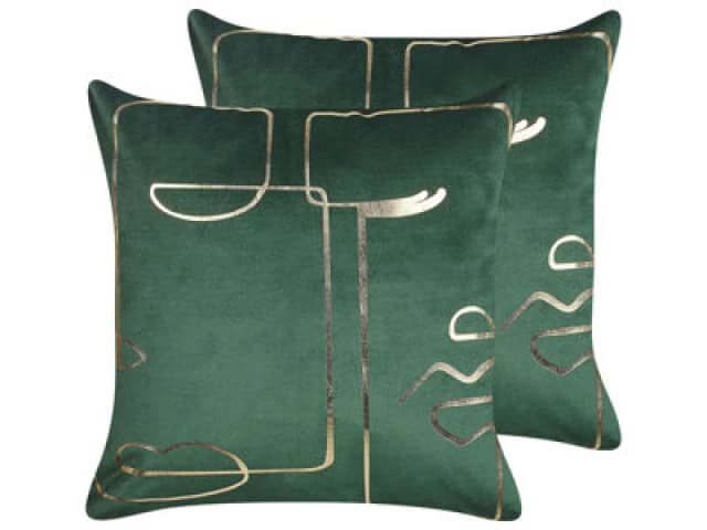 Beliani Set Of 2 Decorative Cushions Philodendron Velvet 45 X 45cm Emerald Green Abstract Pattern