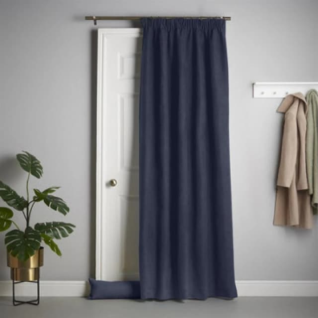Luxury Living Velvet Chenille Thermal Fleece Lined Pencil Pleat Top Door Curtain 137Cm X 213Cm Navy