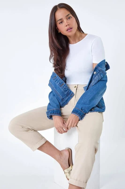 Roman Womens Petite Cotton Blend Stretch Chino Trousers in Stone Size: 12 Stone Female 12