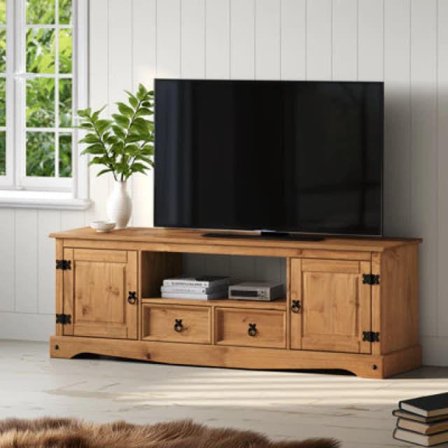 Mercers Furniture Corona 2 Door 2 Drawer Large Widescreen TV Media Unit Solid Pine With Mexican Styling, Brown COR120