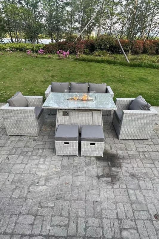 Fimous Rattan Garden Furniture Set Gas Fire Pit Dining Table Set Heater Burner Chairs Light Grey