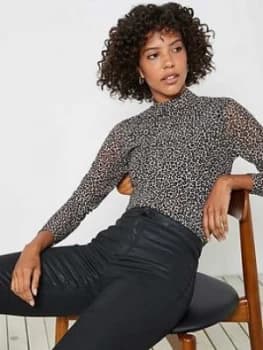 Mint Velvet Leopard Flocked Polo Neck Top - Neutral