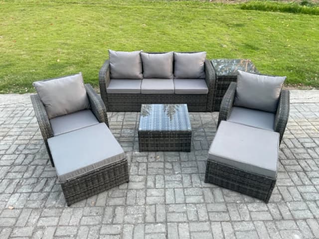 Fimous Patio Garden Furniture Sets Wicker 7 Seater Outdoor Rattan Furniture Sofa Sets with Square Coffee Table Side Table Dark Grey
