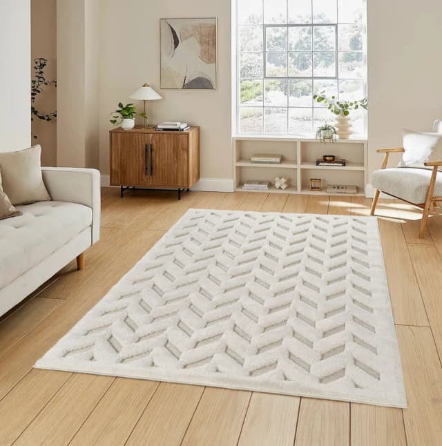 Freya Living Room Area Rug Contemporary 3D Embossed Modern Herringbone Design - Cream 200Cm X 290Cm