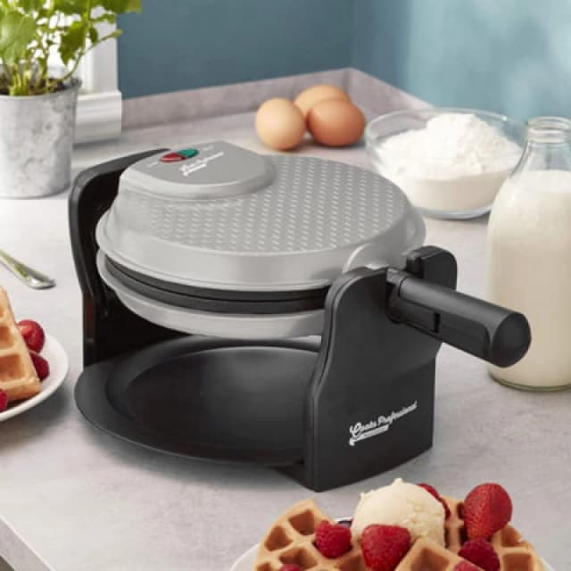 Cooks Professional Rotary Waffle Maker Machine 920W With Non-Stick Cooking Plates, Lock, Folding Handle & Drip Tray - Grey