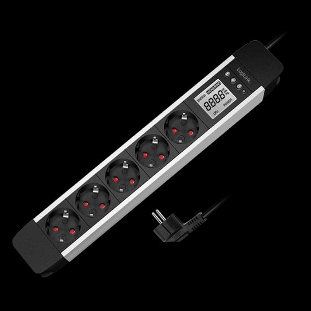 LogiLink Outlet Strip. 5 safety sockets. w/ power meter. aluminum