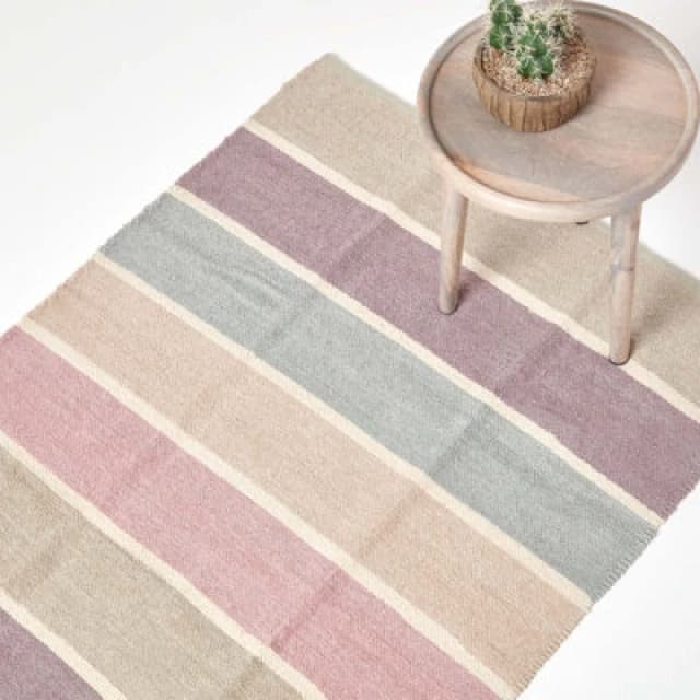 Homescapes Cotton Chenille Striped Rug Blue Beige Purple Grey Natural, 60 X 100 Cm