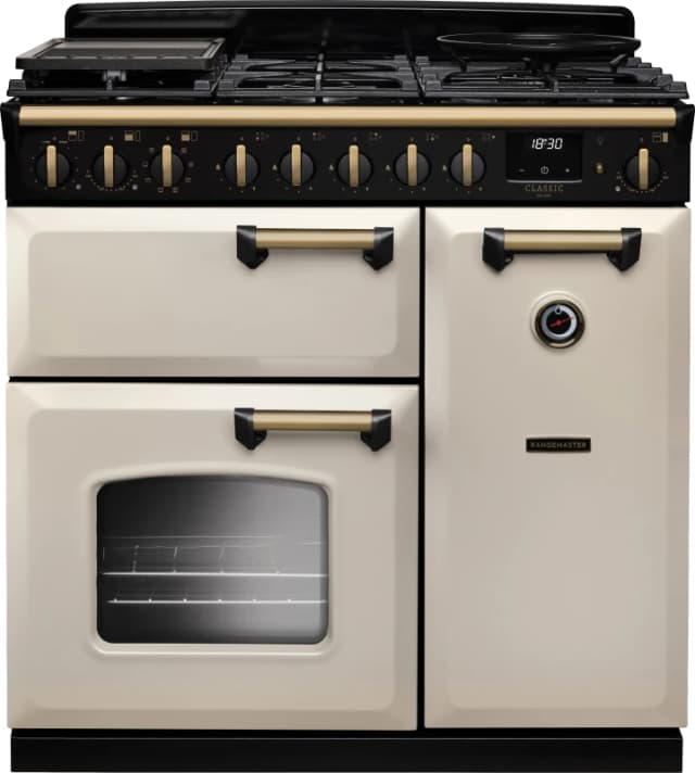 Rangemaster Classic Deluxe 90 CLDL90DFPPCR/AB1 90cm wide Dual Fuel Range Cooker with Gas Hob - Cream / Antique Brass - A Rated