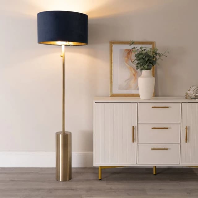 ValueLights ValueLights Lexy Gold Dimmable Floor Lamp with Velvet Drum with Gold Inner Lamp Shade in Dark Navy Dark Navy One Size Unisex 5059406059728