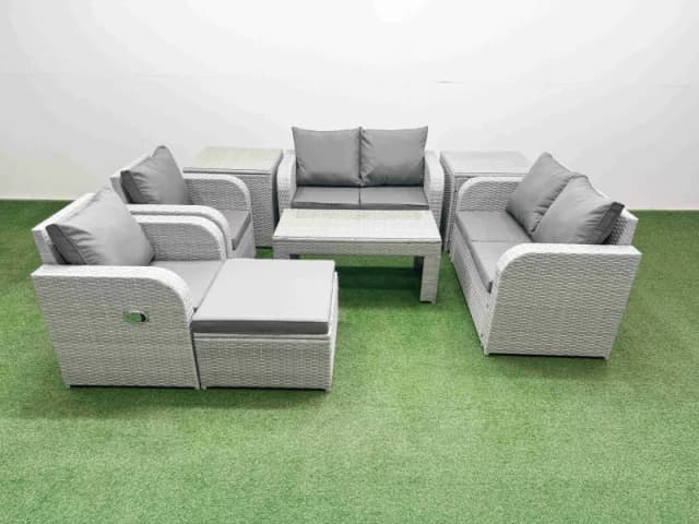 Fimous 7 Seater Outdoor Reclining Chair Love Sofa Set Rattan Garden Furniture Set with Oblong Coffee Table Footstool 2 Side Tables Light Grey Light Gr