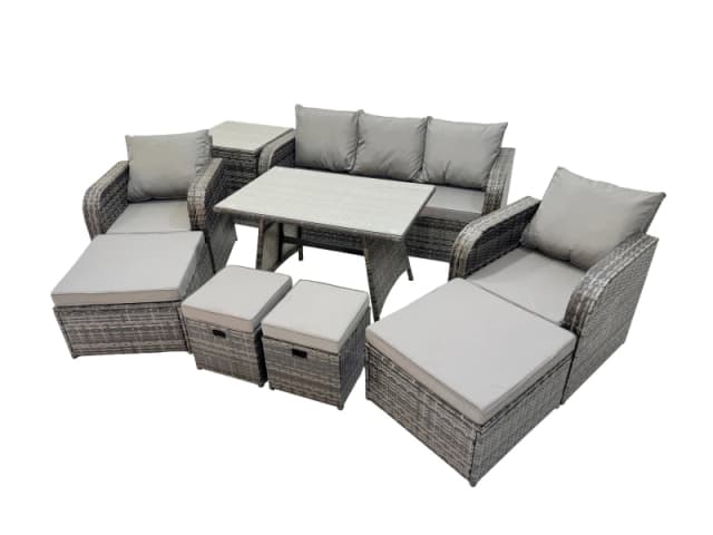 Fimous Garden Rattan Furniture Set 9 Seater with Side Table 2 Big Stool in Dark Grey Dark Grey Unisex