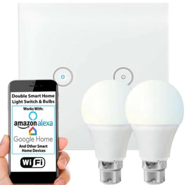 Loops WiFi Light Switch & Bulb 2x 10W B22 Cool White Lamp & Double Wireless Wall Plate White