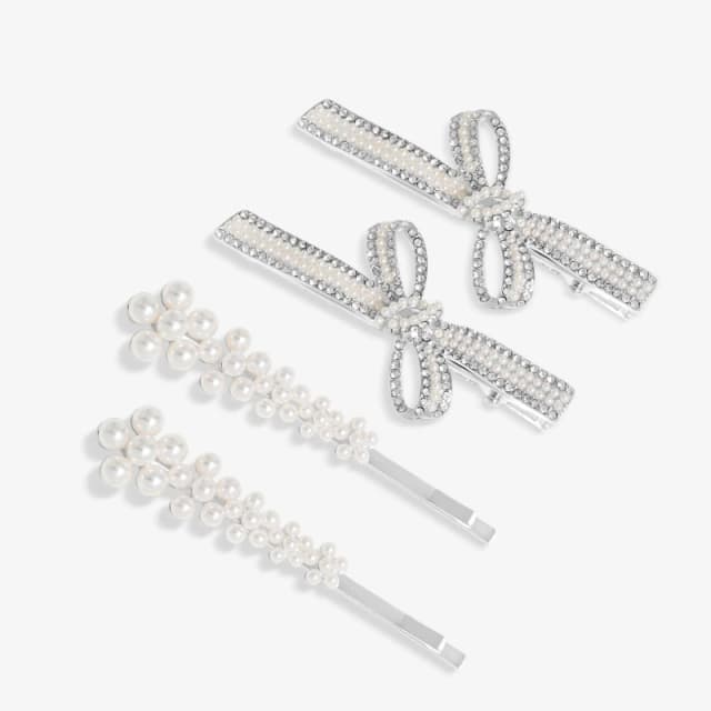 Jon Richard Silver Plated Pearl Bow And Floral Hair Slides - Pack Of 4 Silver