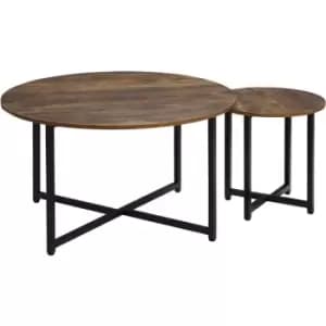 Homcom - 2 Pcs Round Coffee Table with Metal Frame Side Accent Tables Brown