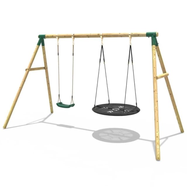 Rebo Wooden Double Swing Set with Boat Swing - Meteorite Green Green