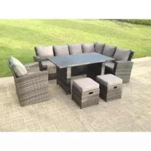 Fimous 7 Seater Outdoor Dark Grey Rattan Lounge Complete Sofa Set with Black Tempered Glass Dining Table and 2 Stools