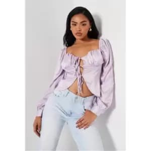 I Saw It First Lilac Satin Tie Front Milkmaid Style Blouse - Purple