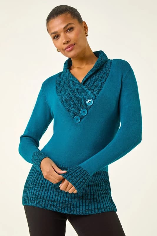 Roman Womens V-Neck Overlap Button Detail Longline Jumper in Teal Size: 14 Teal Female 14