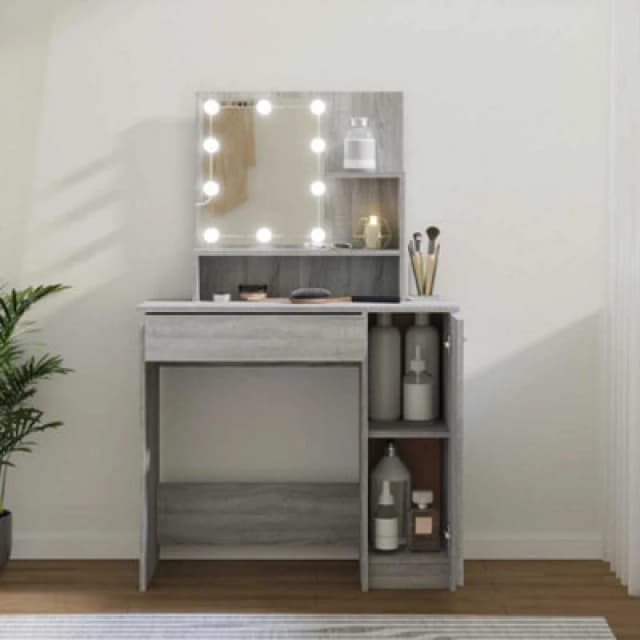 vidaXL Dressing Table with LED Grey Sonoma 86.5x35x136 cm, Grey 820485