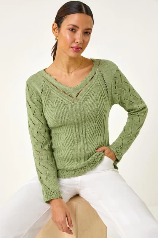 Roman Womens Scallop V-Neck Knit Jumper in Khaki Size: 12 Khaki Female 12