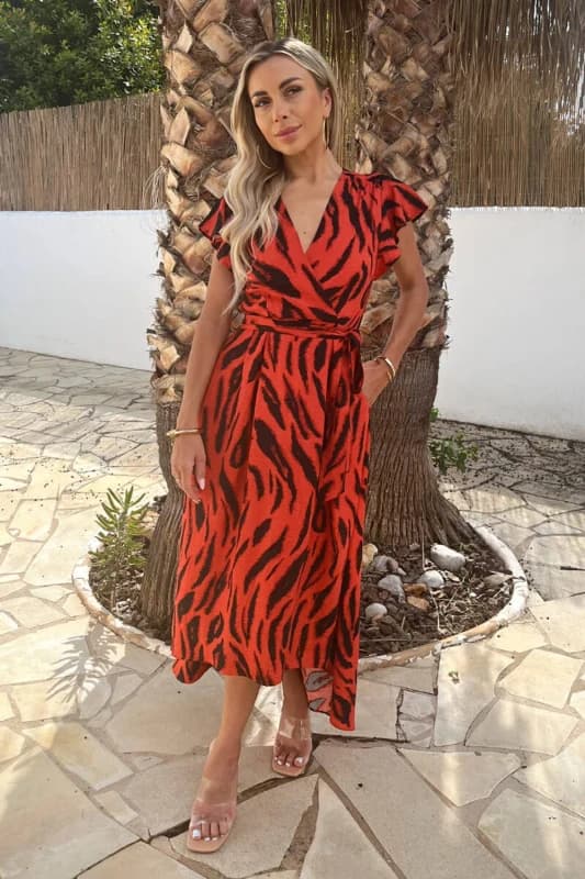 AX Paris Womens Orange Tiger Print Flutter Sleeve Belted Wrap Midi Dress Size: 8 Orange Female 8