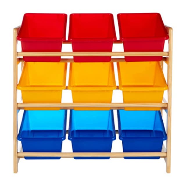 Orsina 3 Tier Wooden Frame Storage Unit, Colourful Plastic Bins With Wooden Storage Unit, Toy Organiser For Kids