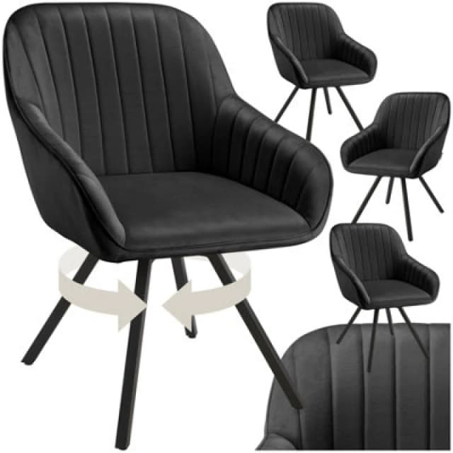 Tectake Set Of 4 Lounge Armchair Living Room Accent Chair 360 Swivel Slim Steel Legs Velvet Fabric - Black