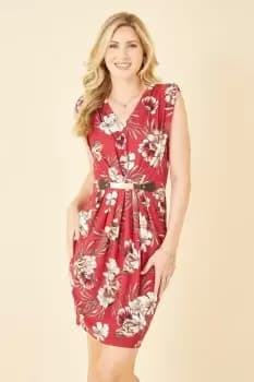 Red Floral Jersey Pocket Dress With Gold Bar Detail