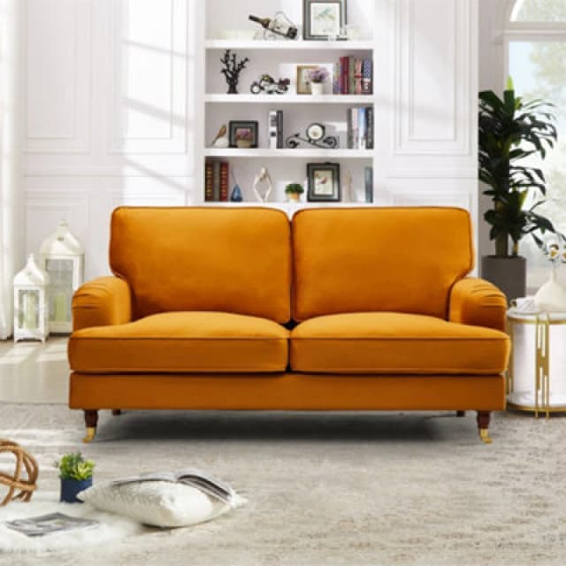 Woodbury 158Cm Wide 2 Seat Orange Velvet Fabric Sofa Walnut Colour Legs With Brass Coloured Wheel