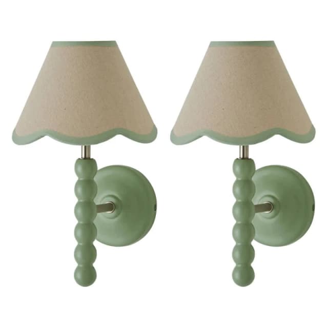 ValueLights Bobbins Pair of Green Wall Lights & Linen Trim Lamp Shades & Bulbs in Pale Green Pale Green Unisex