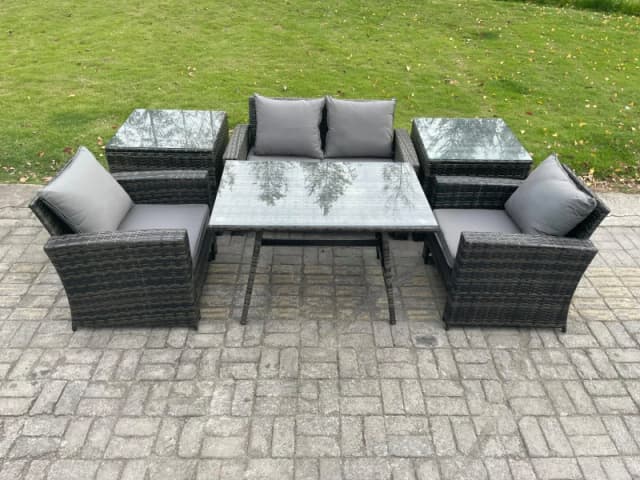 Fimous Outdoor Garden Furniture High Back Rattan Sofa Dining Table Set with 2 Side Tables Dark Grey Mixed Dark Grey Unisex