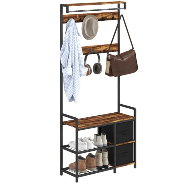 HOMCOM Coat Rack with Drawer, 4-in-1 Hall Tree with Coat Stand, Rustic Brown Dark Brown