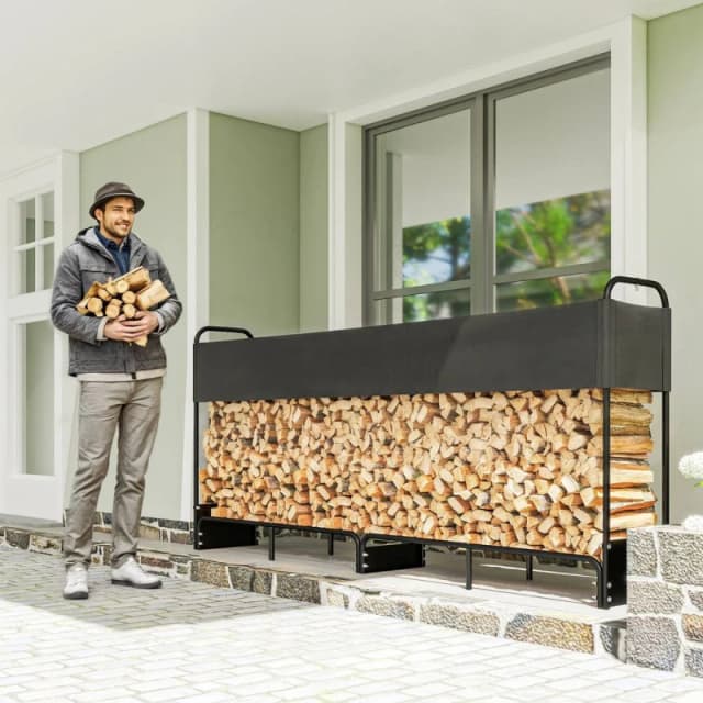 Outsunny 8.5ft Firewood Rack, Log Storage Holder with Waterproof Cover, Black 842-439V00BK