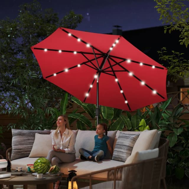 Outsunny Garden Parasol Outdoor Tilt Sun Umbrella LED Light Hand Crank Red