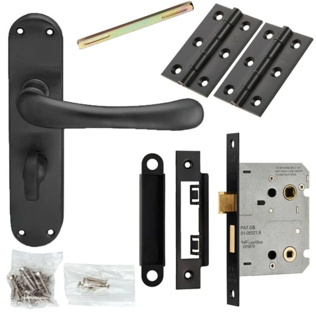 Loops Door Handle & Bathroom Lock Pack Matt Black Smooth Round Lever Turn Backplate Black