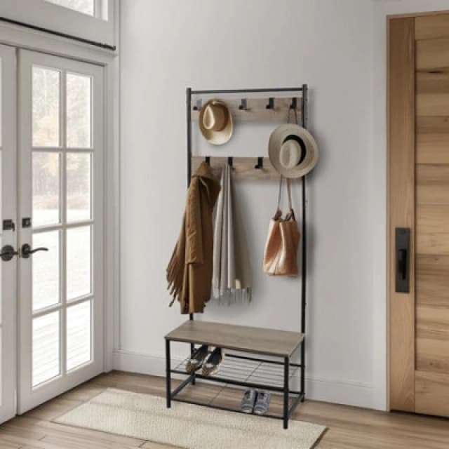 House of Home Coat Rack Stand with Shoe Storage Bench 9 Hooks Rustic Light Brown Entrance Hall House of Home Brown unisex