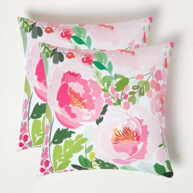 Homescapes Pink Peony Outdoor Cushion 45 x 45 cm, Set of 2 Pink