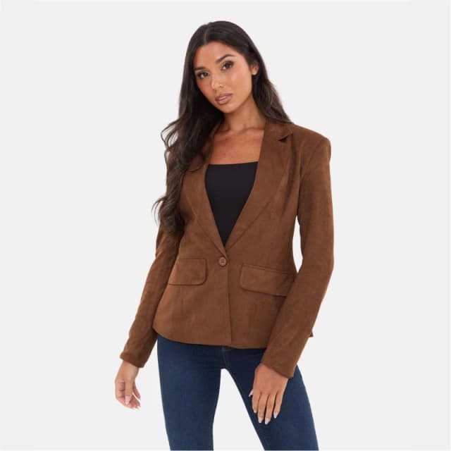 I Saw It First Womens Cinched Waist Suede Long Sleeve Blazer Tan female 8 (XS)