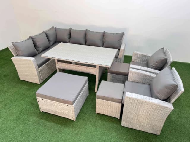 Fimous 11 Seater Rattan Garden Furniture Set Table 2 Chairs 3 Footstools in Light Grey Light Grey Unisex