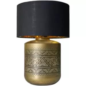 Minisun - Gold Floral Table Lamp with Large Lampshade - Black & Gold - No