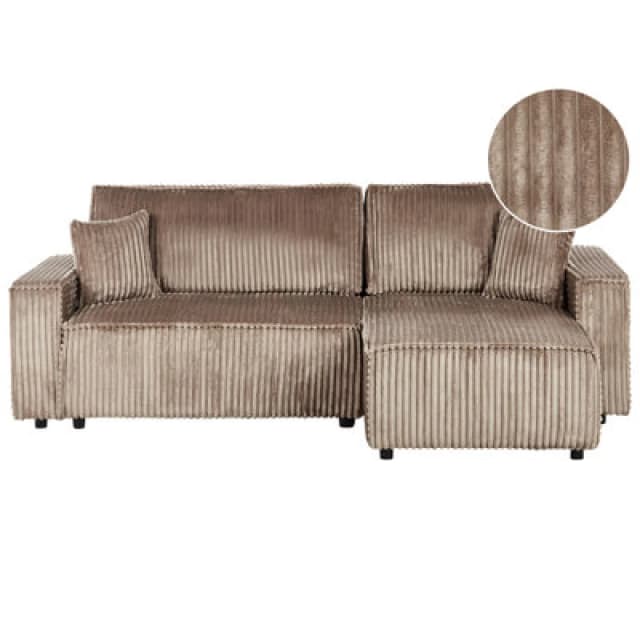 Beliani Corner Sofa Bed 3 Seater Abacka Corduroy Light Brown With Storage Left Hand