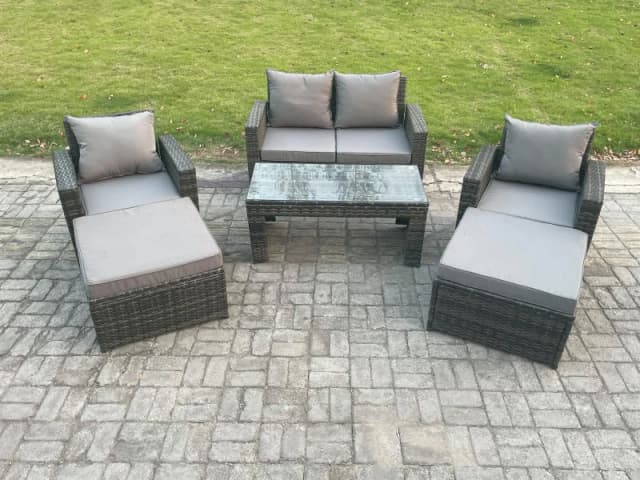 Fimous 6 Seater High Back Rattan Garden Furniture Sofa Sets with Rectangular Coffee Table Armchair 2 Big Footstool Dark Grey Mixed Dark Grey Unisex