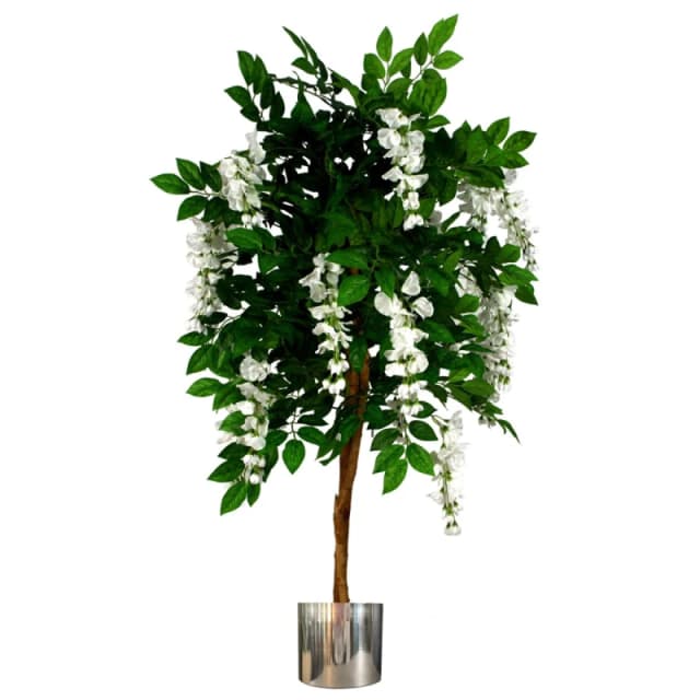 N/A 130cm Luxury Artificial Wisteria Tree White Flowers - Premium Range Silver Metal Planter