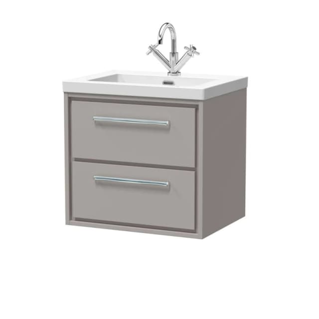 Balterley Modern Bathroom 2 Soft-Close Drawer Wall Hung Vanity Unit Fireclay Basin, Pebble Grey, 600mm