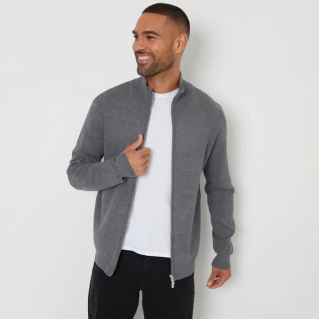 Threadbare 'Wynnstay' Zip-Through Funnel Neck Knitted Cardigan Charcoal