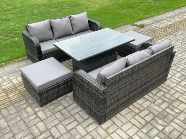 Fimous Outdoor Rattan Garden Furniture Sets Height Adjustable Rising lifting Dining Table Sofa Set with 2 Big Footstool Dark Grey