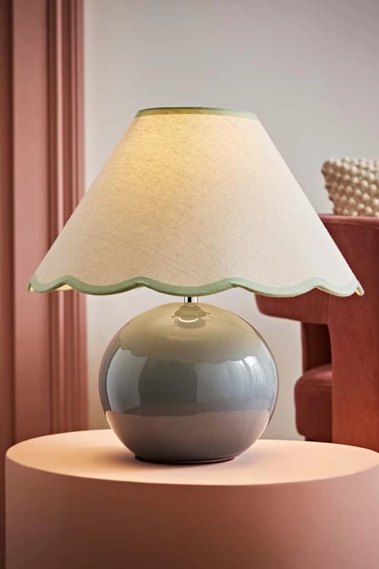 ValueLights Bosco Eucalyptus Teal Ceramic Table Lamp with Natural Linen Scallop Lamp Shade Green
