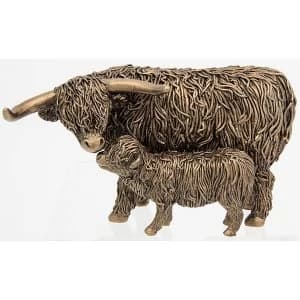 Bronze Highland Coo & Calf Small Ornament