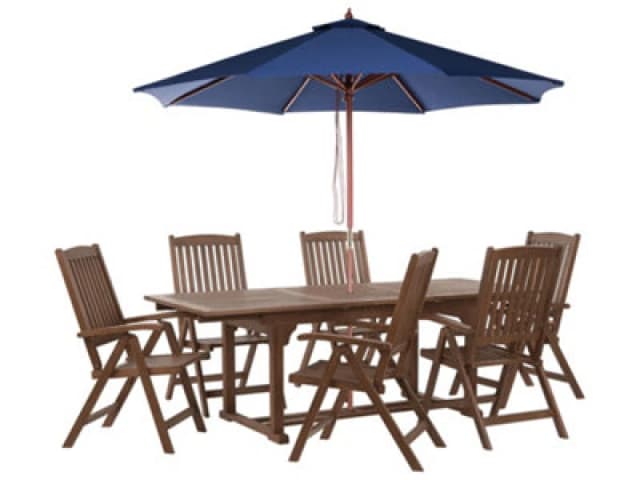 Beliani Garden Dining Set 6 Seater Amantea With Parasol Acacia Wood Blue